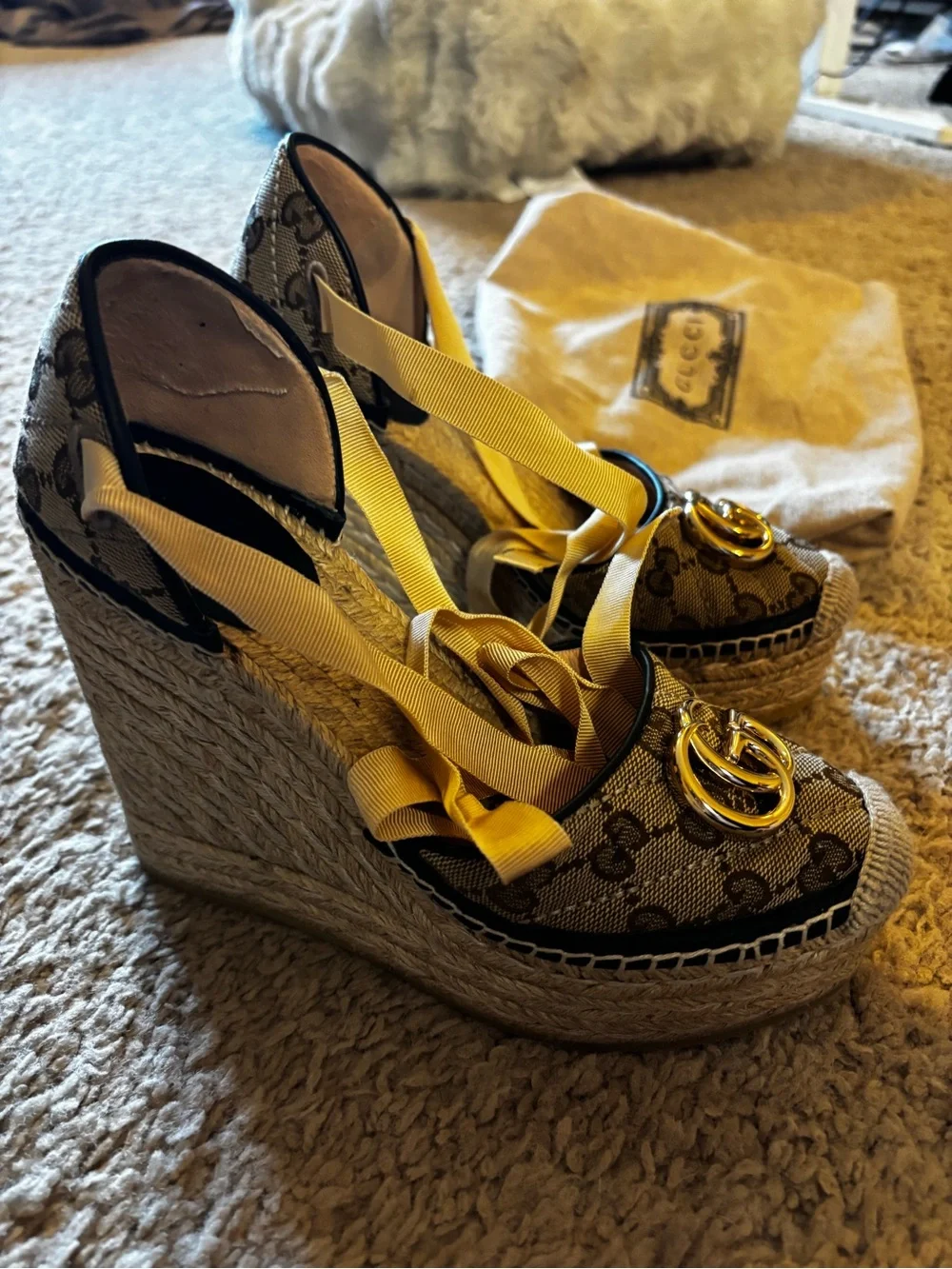 Gucci Beige GG Canvas Espadrille Wedges with Yellow Ribbon